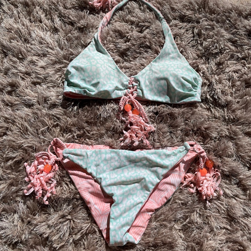 Reversible victoria secret blue and coral halter bikini string bottoms and top